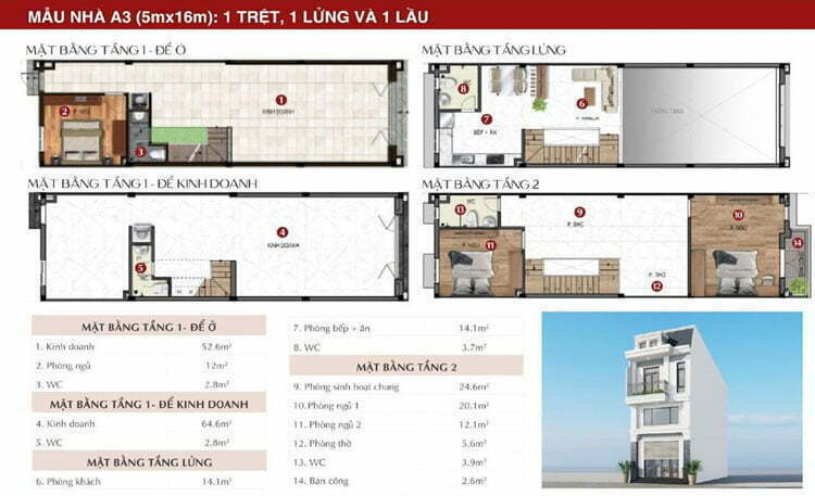 Mẫu nhà A3 (5mx16m): 1 trệt, 1 lửng và 1 lầu tại Richland Residence