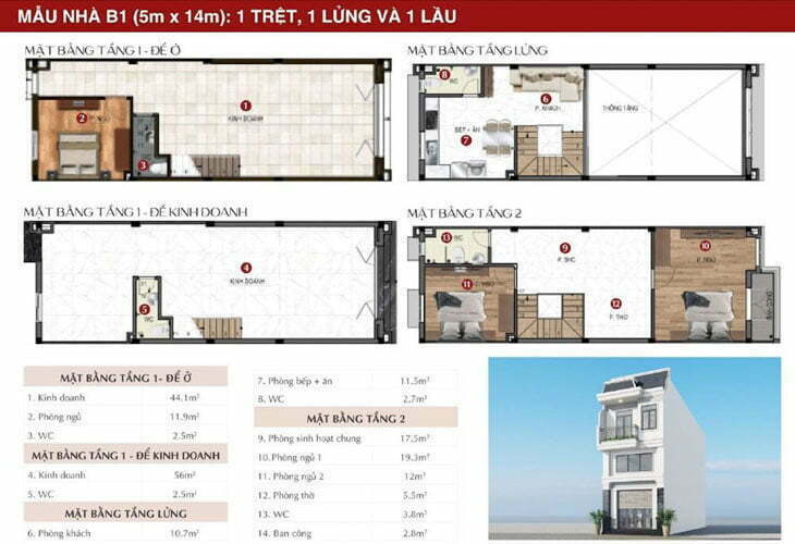 Mẫu nhà D1 (5mx14m): 1 trệt, 1 lầu tại Richland Residence