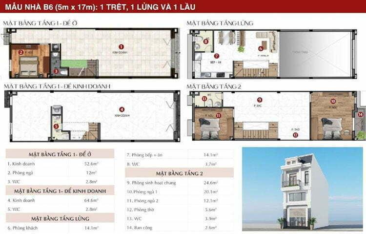 Mẫu nhà B6 (5mx17m): 1 trệt, 1 lửng và 1 lầu tại Richland Residence