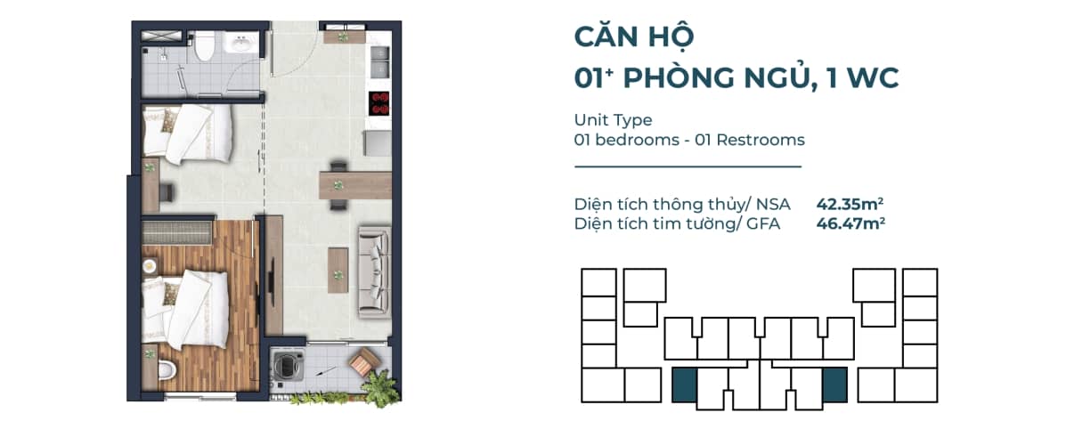 Mặt bằng căn hộ 1 phòng ngủ