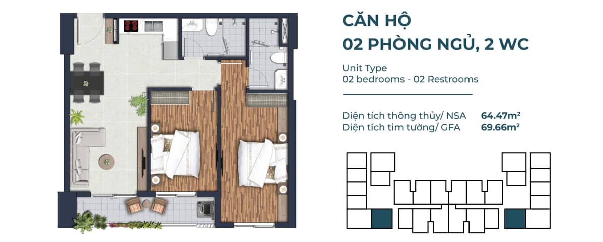 Mặt bằng căn hộ 2 phòng ngủ