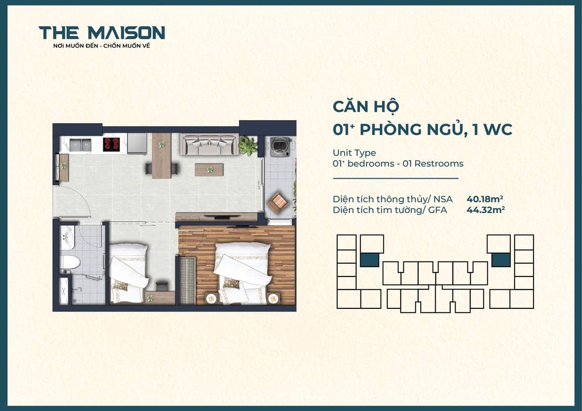 The Maison Bình Dương - Căn Hộ Cao Cấp Ven Sông Đáng Sống Nhất 2024 16 Thiết kế căn 1 phòng ngủ 44m2