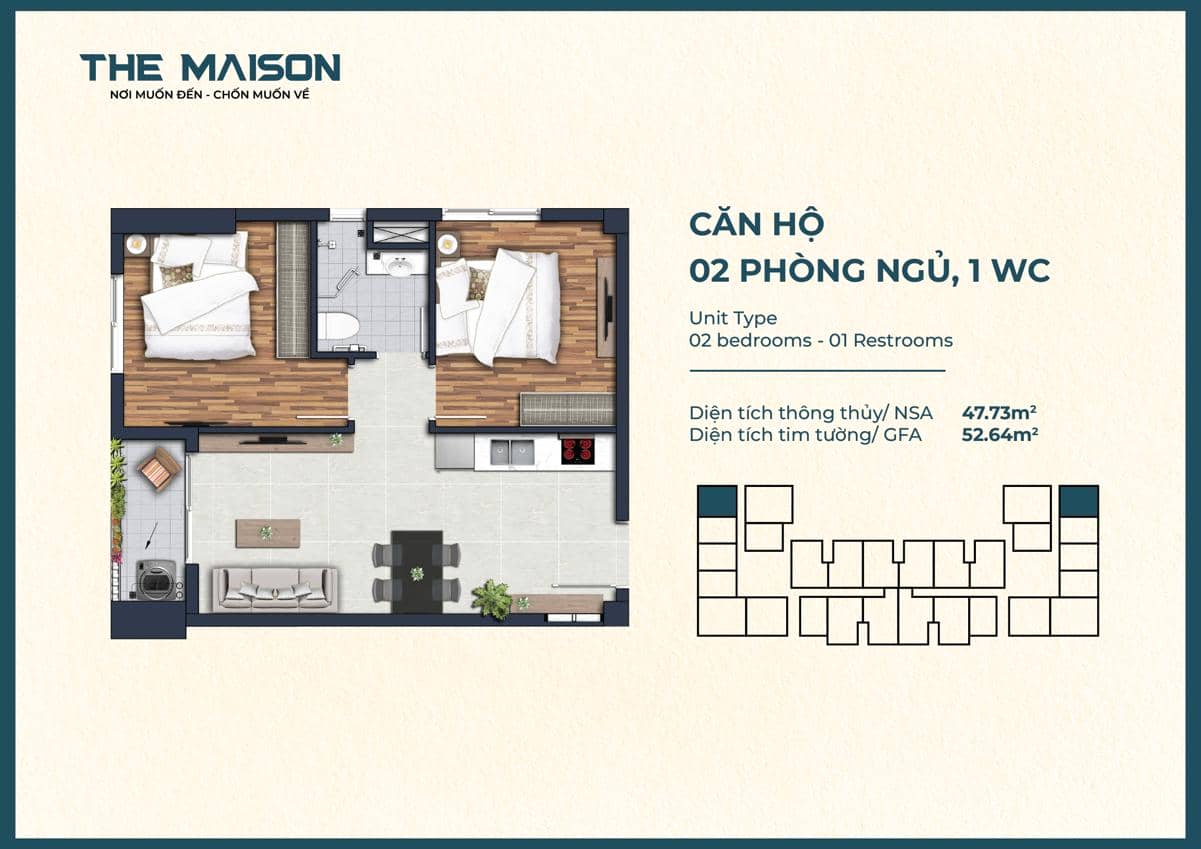 The Maison Bình Dương - Căn Hộ Cao Cấp Ven Sông Đáng Sống Nhất 2024 17 Thiết kế căn 2PN 52m2